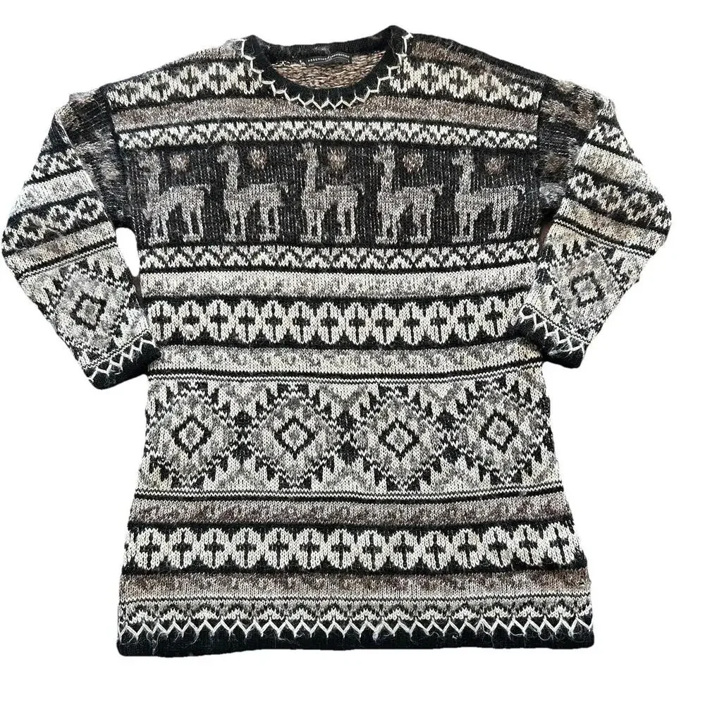 Peruvian Connection 100% Alpaca Wool Llama Print Size M 3/4 Sleeve Boho - Picture 1 of 4